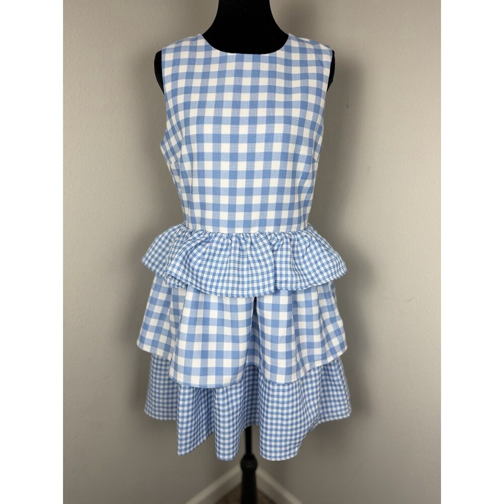 English Factory Blue Gingham Tiered Ruffle Dress Size M Fit & Flare Lined - Picture 7 of 14